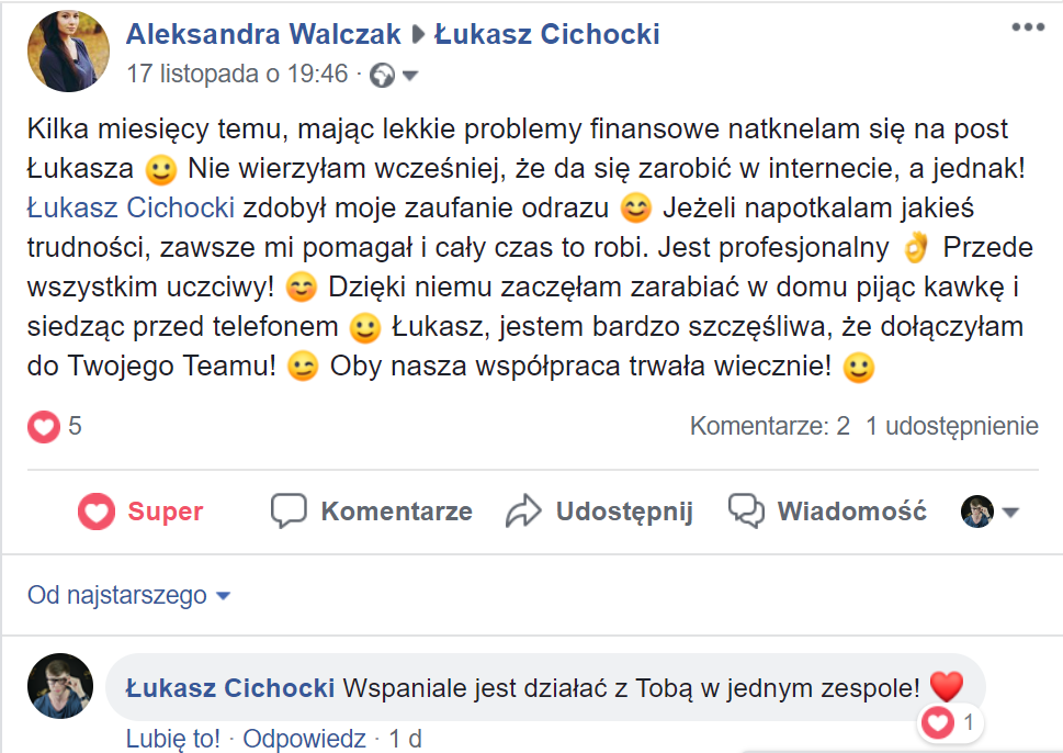 "Dzięki Łukaszowi Cichockiemu zaczęłam zarabiać w domu pijąc kawkę i siedząc przed telefonem" ~ Aleksandra Walczak